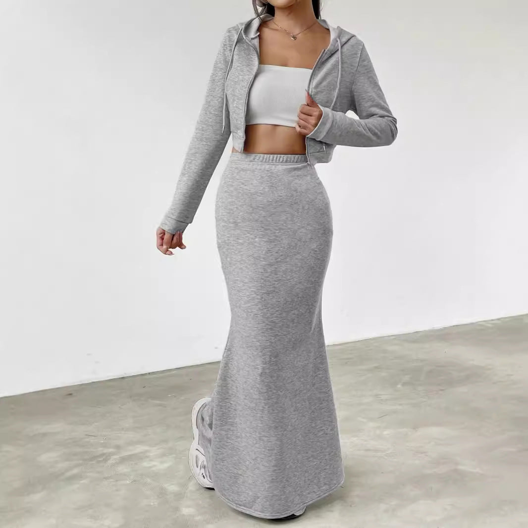 Damen lässige Cropped-Jacke mit Maxirock EB
