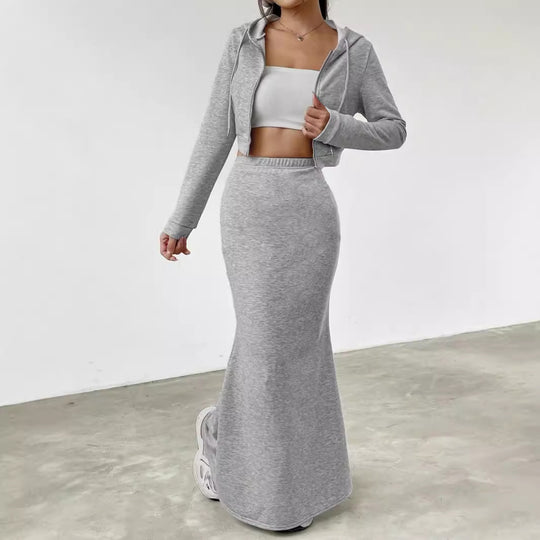 Damen lässige Cropped-Jacke mit Maxirock EB