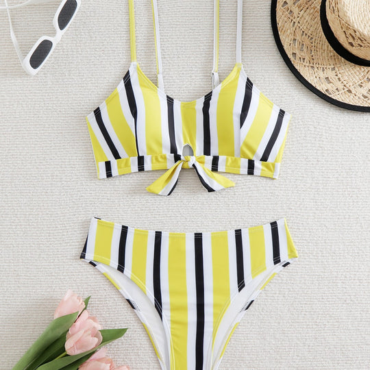 Damen Bikini-Set mit modischem Knoten und buntem Streifenmuster EB