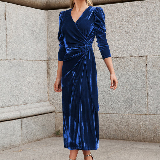 Damen Elegantes Wickelkleid mit Puffärmeln und Goldakzenten EB