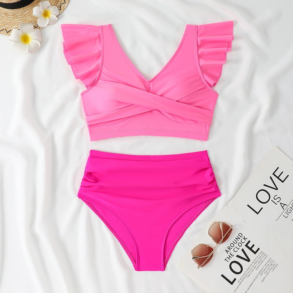 Damen Zweiteiliges High-Waist Bikini-Set mit Rüschendetails EB