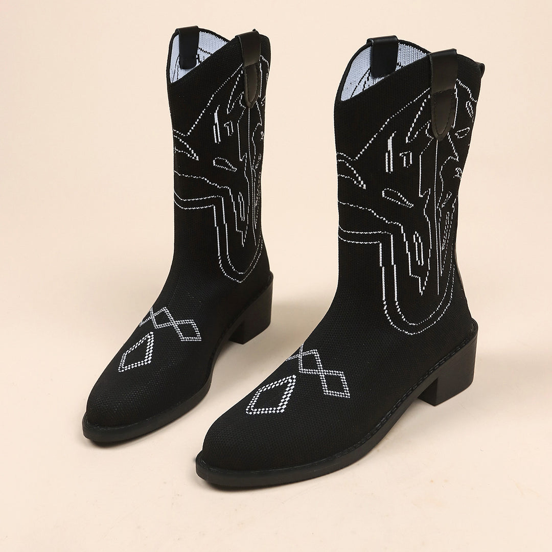 Damen Cowboy-Stiefel mit kunstvollem Stickdesign und robustem Absatz EB