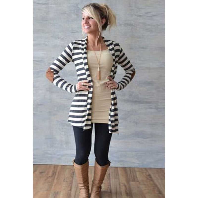 Damen Gestreifter Longcardigan mit offenem Waterfall-Schnitt und Ellbogen-Patches EB