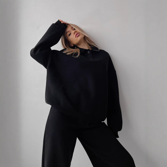 Damen Casual-Set aus schwerem French-Terry mit Polokragen-Cropped-Sweater und weitem High-Waist-Sweathose EB