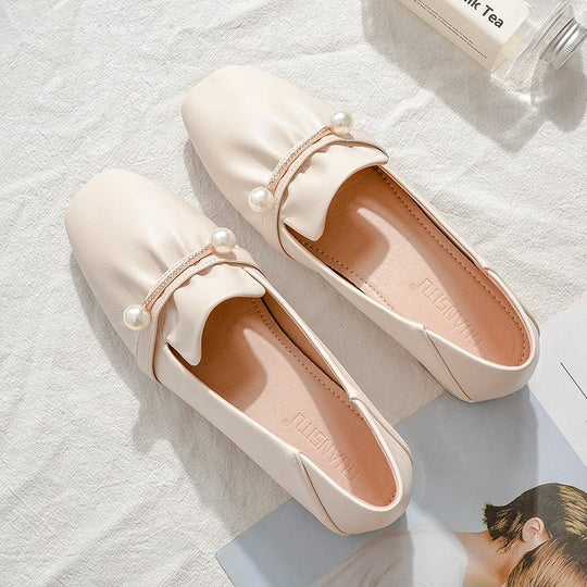 Damen Elegante Ballerinas mit modischem Perlenschmuck und komfortablem Blockabsatz EB