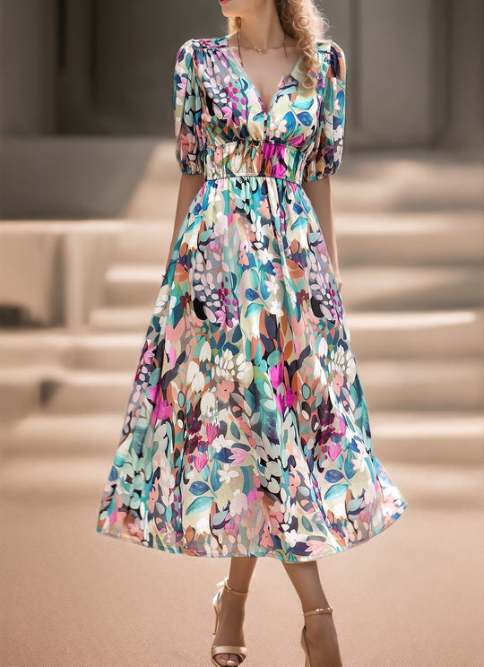 Damen Maxikleid mit voluminösen Puffärmeln und fließendem Rock Heidi-Mode