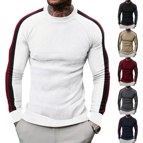 Herren sportlicher Strickpullover mit kontrastierenden Ärmeln und hohem Kragen EB