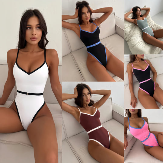 Damen Einteiliger Badeanzug mit sportlichem V-Ausschnitt und modischem Gürtel EB