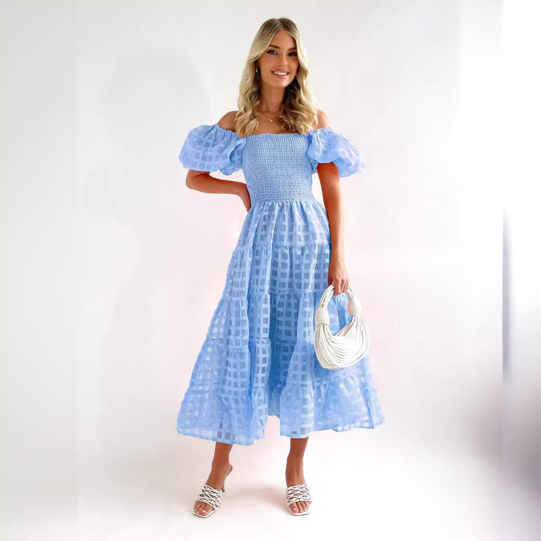 Damen Luftiges Maxikleid mit schwingendem Rock und voluminösen Puffärmeln EB