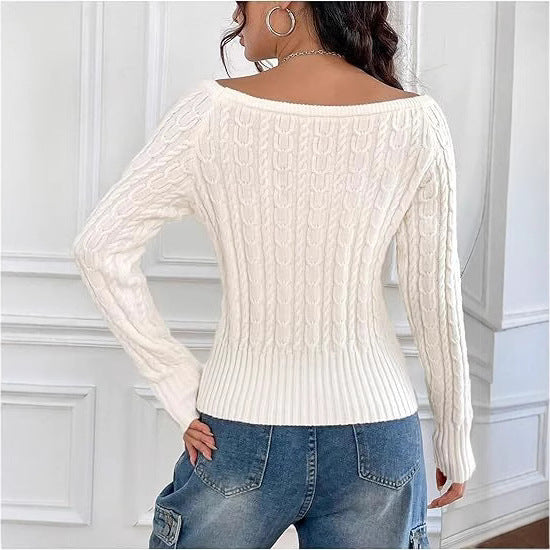 Damen Strickpullover mit elegantem Zopfmuster und italienischem Rundhalsausschnitt EB