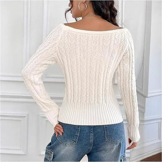 Damen Strickpullover mit elegantem Zopfmuster und italienischem Rundhalsausschnitt EB