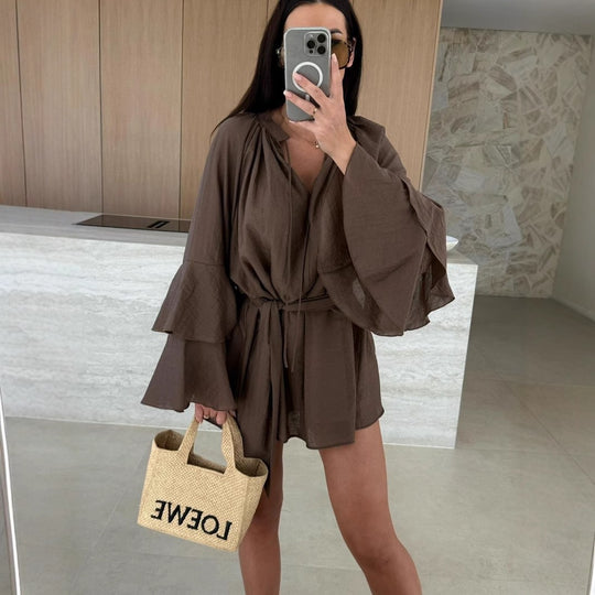 Damen lässiger Kimono mit eleganten Rüschendetails und Taillengürtel EB