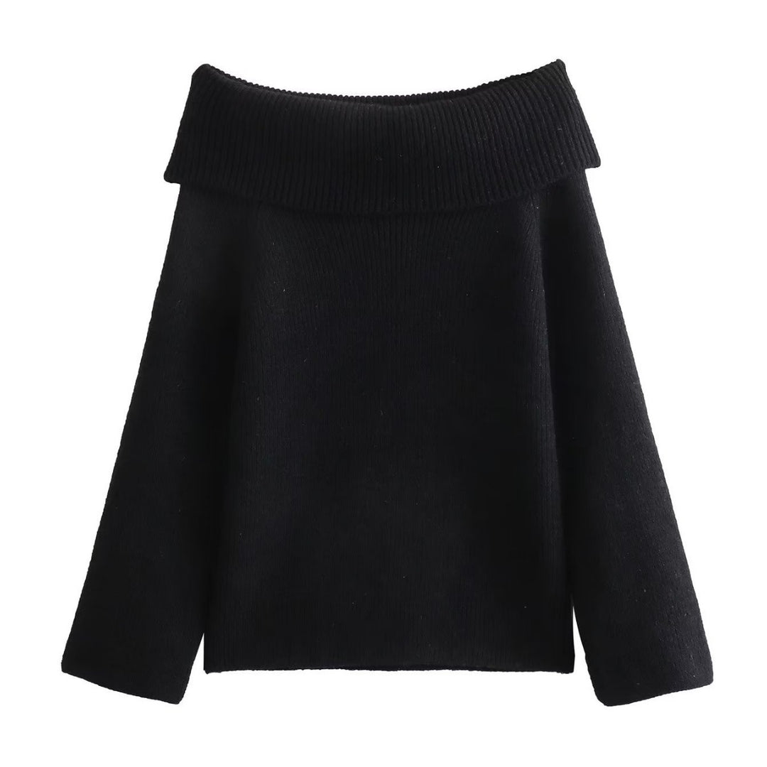 Damen nan oversize schulterfreier Strickpullover mit breitem Umschlagkragen und Rippstruktur EB
