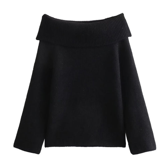 Damen nan oversize schulterfreier Strickpullover mit breitem Umschlagkragen und Rippstruktur EB