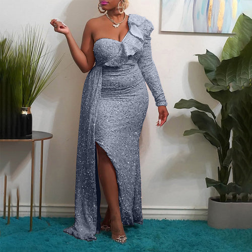 Damen Elegantes schulterfreies Maxikleid mit glitzernden Akzenten und asymmetrischem Design EB