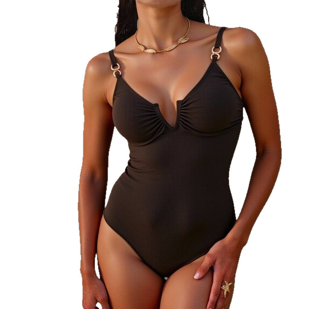 Damen Eleganter Schwimmanzug mit vertieftem Ausschnitt und feinem Rüschendetail EB
