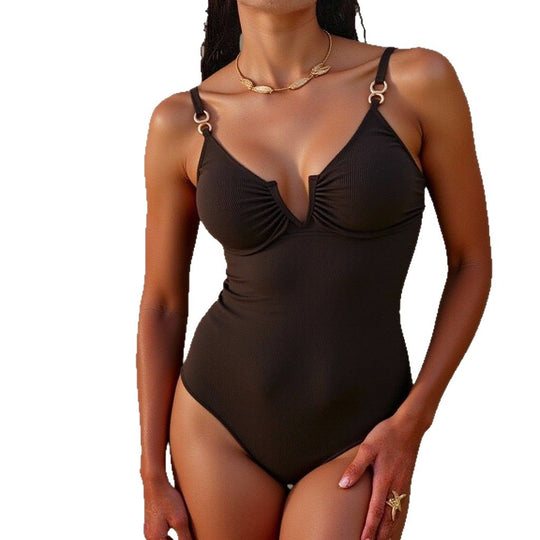 Damen Eleganter Schwimmanzug mit vertieftem Ausschnitt und feinem Rüschendetail EB