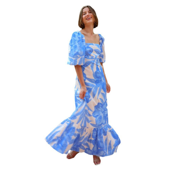 Damen Maxikleid mit eleganten Puffärmeln und floralen Akzenten EB