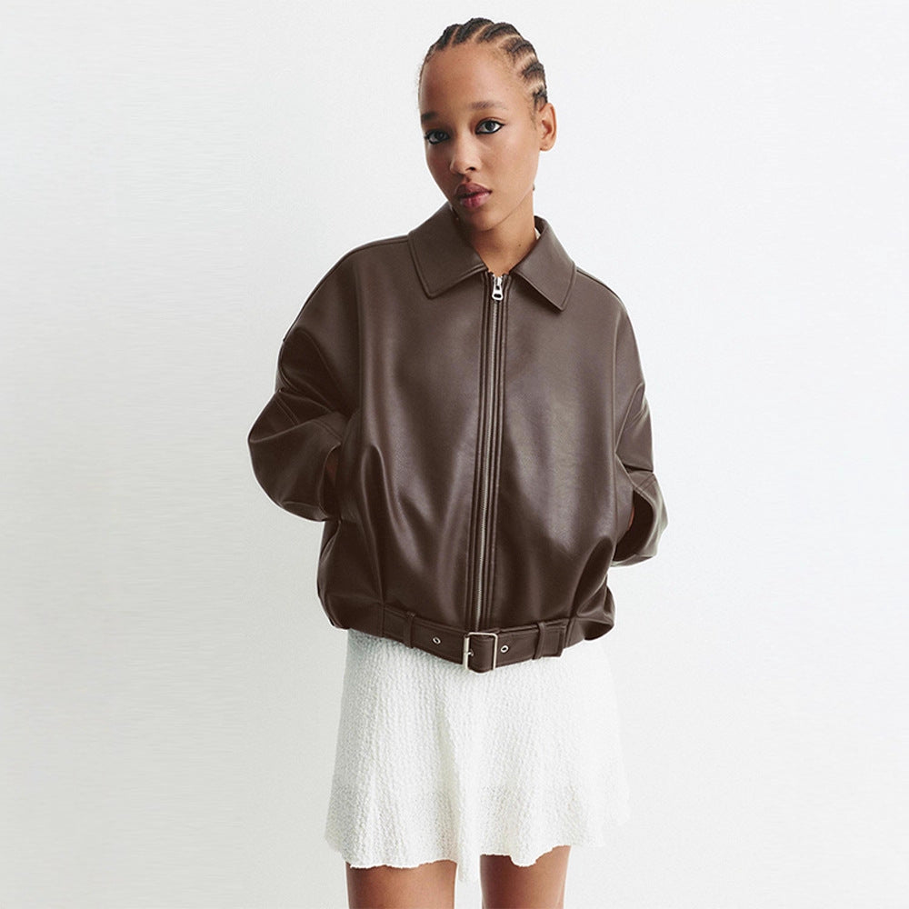 Damen Modische Kunstlederjacke mit weitem Schnitt und Taillengürtel EB