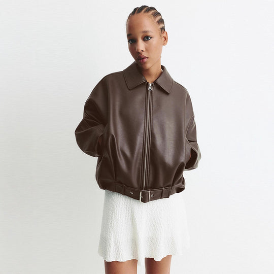 Damen Modische Kunstlederjacke mit weitem Schnitt und Taillengürtel EB