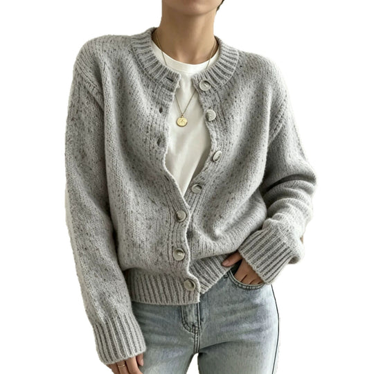 Damen Grobgestrickter Kurzcardigan mit Rundhalsausschnitt und meliertem Tweed-Effekt EB