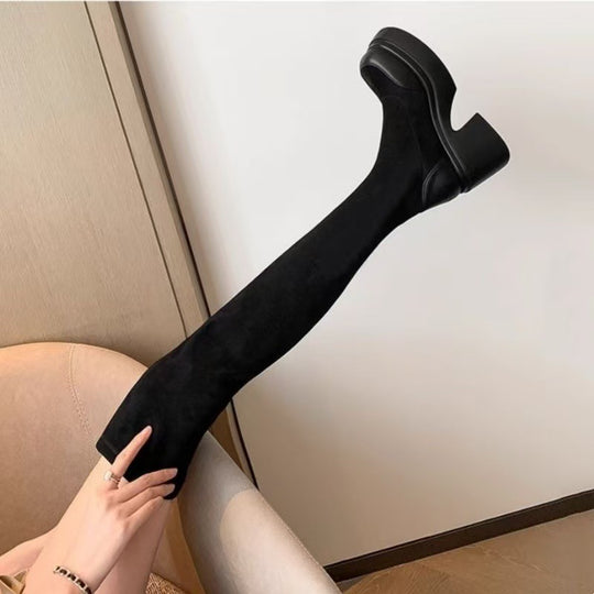 Damen Overknee-Stiefel mit elegantem Blockabsatz und flexiblem Reißverschluss EB