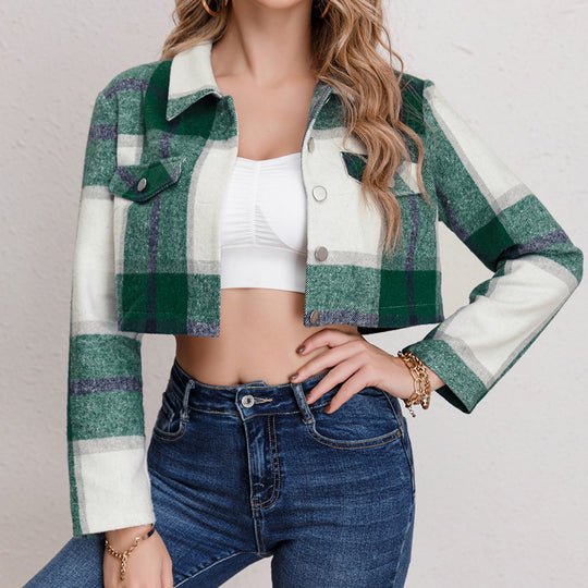 Damen Karierte Jeansjacke im cropped Schnitt mit Brusttaschen EB