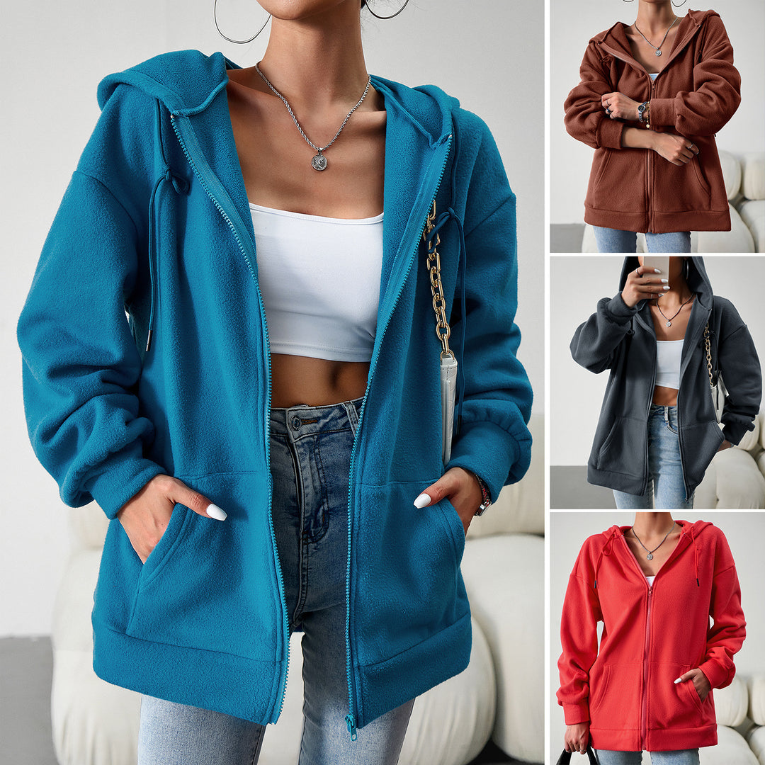 Damen nan kuscheliger Teddy-Fleece Zip-Hoodie mit Kapuze, tiefer Schulterpassform und Kängurutaschen EB