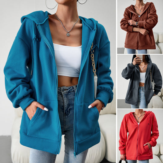 Damen nan kuscheliger Teddy-Fleece Zip-Hoodie mit Kapuze, tiefer Schulterpassform und Kängurutaschen EB
