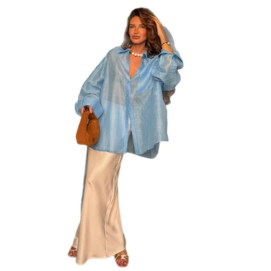 Damen elegante Leinenbluse mit Knotenverschluss EB