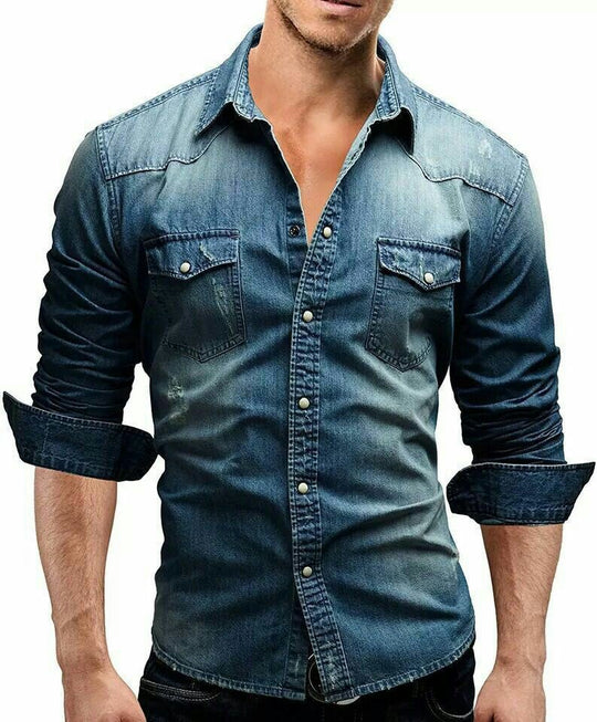 Herren Denim Hemd mit stylishen Pattentaschen und modischem Slim-Fit EB