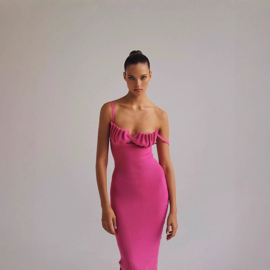 Damen figurbetontes Maxi-Kleid mit raffiniertem Schlitz und gepolsterten Trägern EB