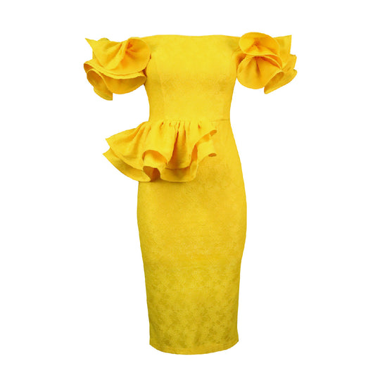 Damen figurbetontes Cocktailkleid mit voluminösen Rüschenärmeln EB