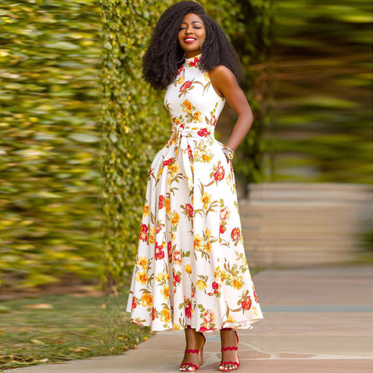 Damen Maxikleid mit floralem Design und elegantem Gürtel EB