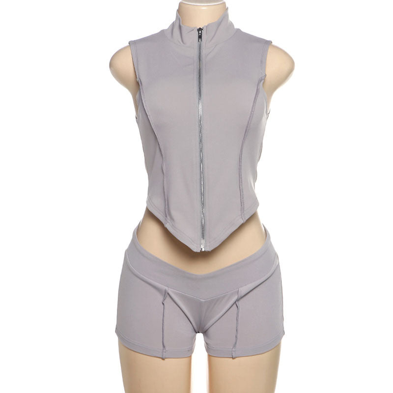 Damen Sportliches Zweiteiliges Set mit Stehkragen und kurzem Schnitt EB