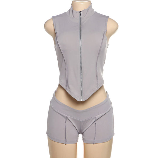 Damen Sportliches Zweiteiliges Set mit Stehkragen und kurzem Schnitt EB