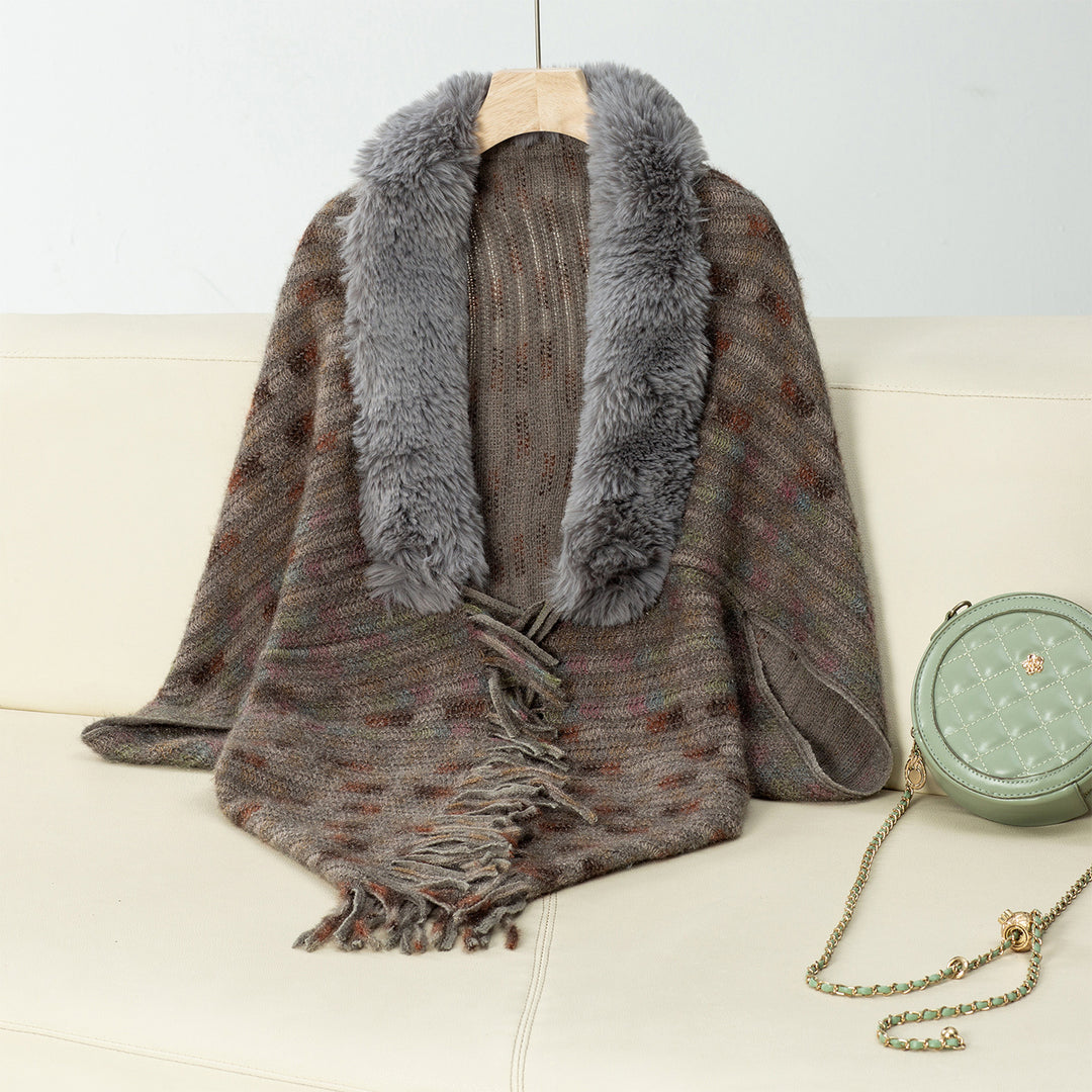 Damen eleganter Poncho mit luxuriösem Kunstfellkragen und Fransen EB