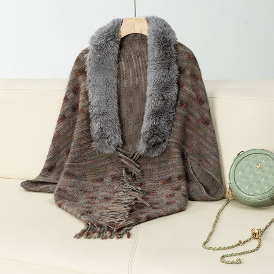 Damen eleganter Poncho mit luxuriösem Kunstfellkragen und Fransen EB