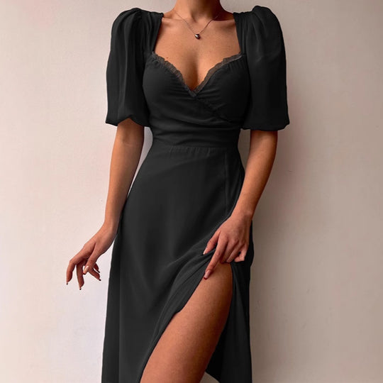 Damen Elegantes Maxikleid mit Puffärmeln und tiefem Schlitz EB