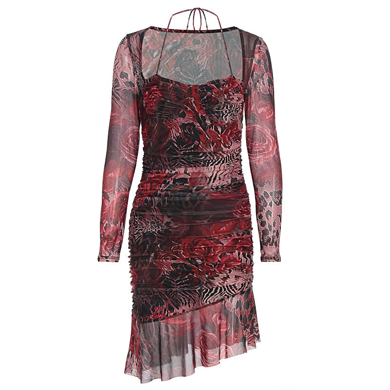 Damen figurbetontes Minimidi-Kleid mit transparentem Design und Blumenmuster EB