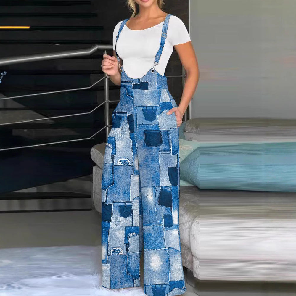 Damen modische Latzhose mit weitem Bein und buntem Grafikdesign EB
