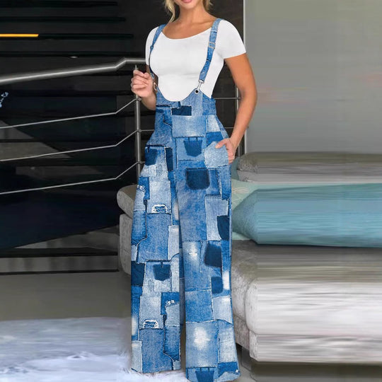 Damen modische Latzhose mit weitem Bein und buntem Grafikdesign EB