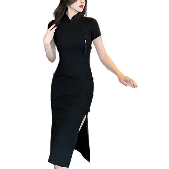 Damen elegantes Bodycon-Kleid mit hohem Schlitz und kurzen Ärmeln EB