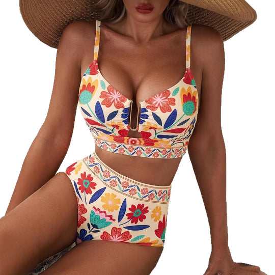 Damen Hoch geschnittener Bikini mit floralem Muster und Leo-Print EB