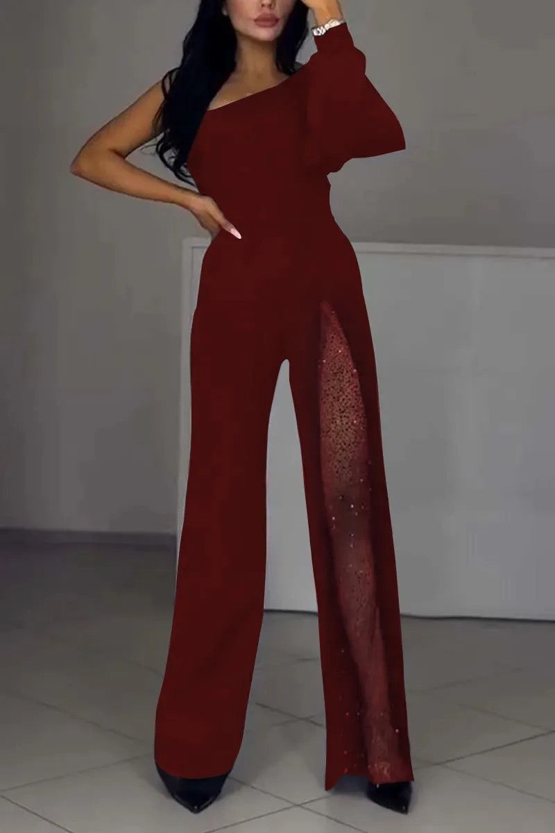 Damen Eleganter Jumpsuit mit transparenten Einsätzen und Pailletten EB