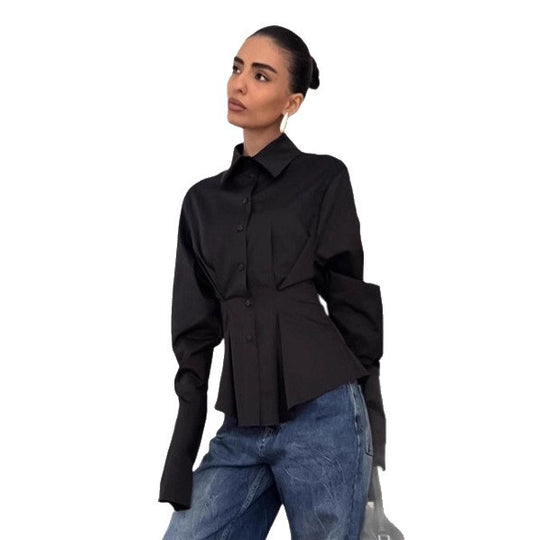 Damen Modische Hemdbluse mit tailliertem Schnitt und voluminösen Ärmeln EB
