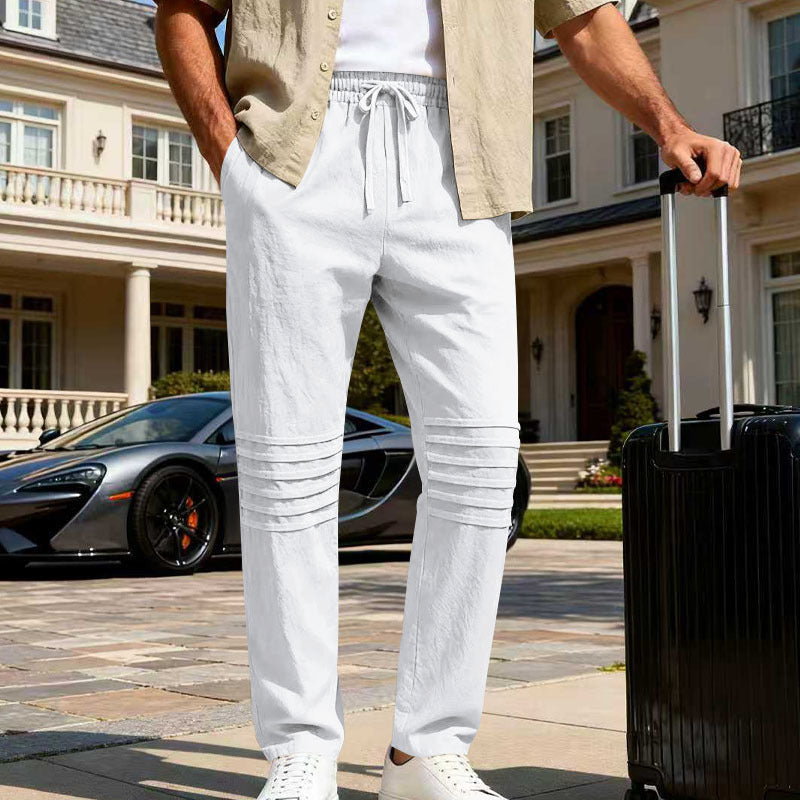 Herren Leinenoptik-Loungehose mit Tunnelzug elastischem Bund und abgesteppten Kniepanelen EB