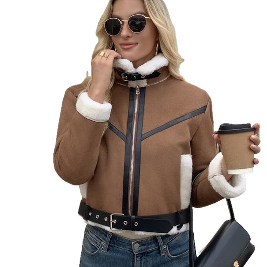 Damen Stylische Jacke mit Kunstfellbesatz und dekorativen Schnallen EB