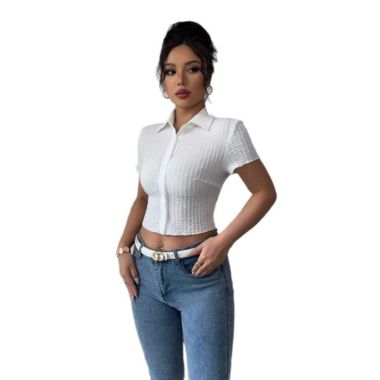 Damen Cropped Hemdbluse mit strukturiertem Material EB