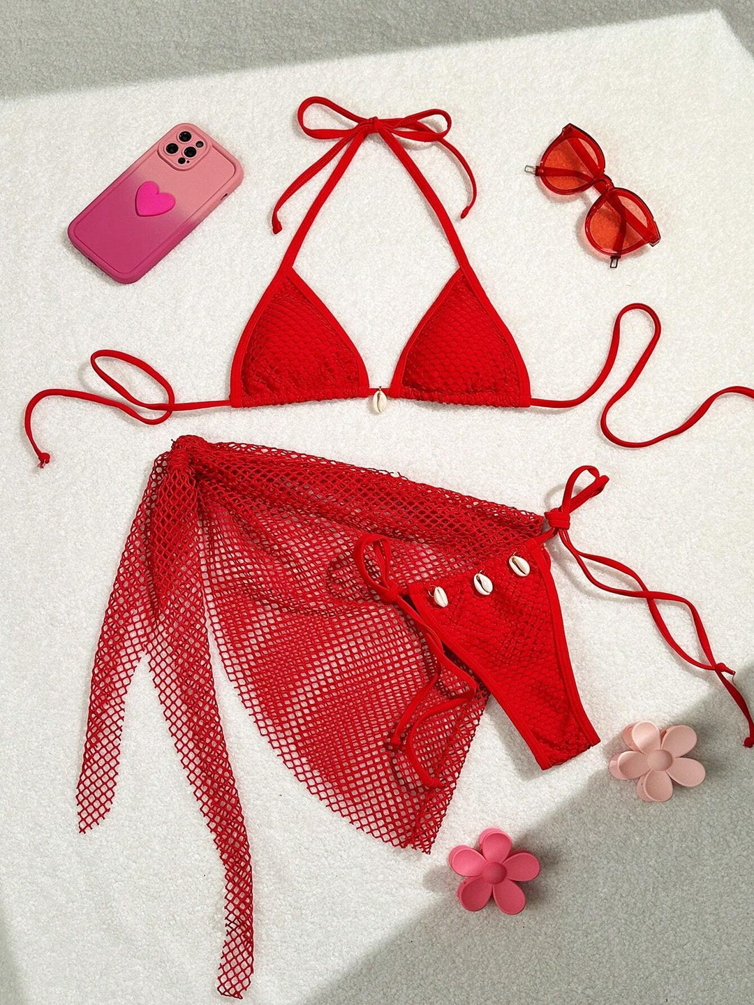 Damen Triangel-Bikini mit transparentem Netzgewebe und Schnürdetails EB